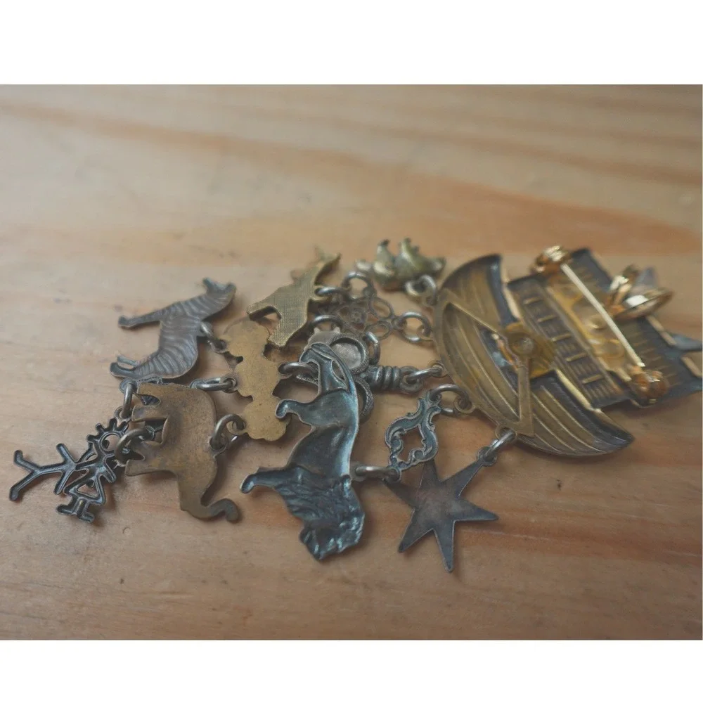 Vintage Noah's‎ Ark Brooch or Pendant Bronze & Silver Tone 4 inch Dangle Jewelry